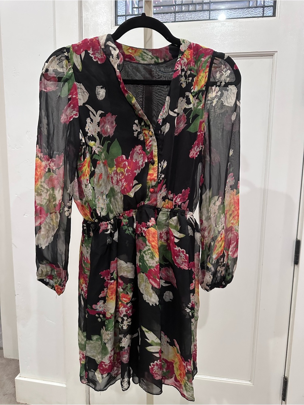 Floral Black Chiffon Long-Sleeve Dress